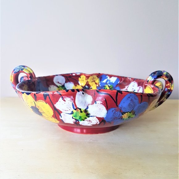 Vintage Handmade Italian Red Floral Bowl. - Picture 3 of 8
